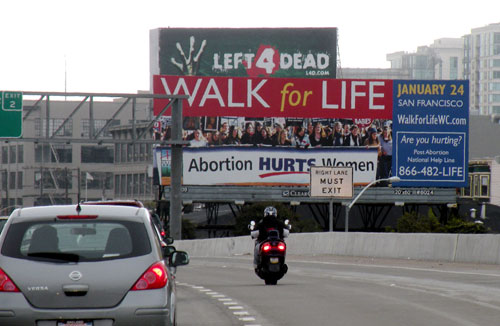 A pro-life billboard declaring “Abortion Hurts Women” was erected by the San Francisco-Oakland Bay Bridge on Dec. 31, 2008 ahead of the host organization Walk for Life West Coast's annual march that will take place on Jan. 24, 2009. <br/>Photo: Walk for Life West Coast