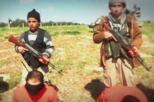ISIS frequently uses children to further their aims; in this image, teenage boys are seen leading eight Shiite Muslim hostages to their deaths. <br/>