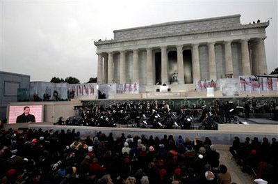 President-elect Barack Obama speaks during 'We Are One: Opening Inaugural Celebration at the Lincoln Memorial' in Washington, Sunday, Jan. 18, 2009. <br/>Photo: AP Images / Alex Brandon)