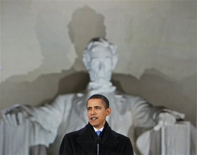 President-elect Barack Obama speaks at the Lincoln Memorial during an inaugural concert in Washington , Sunday, Jan. 18, 2009. <br/>Photo: AP Images / Charles Dharapak