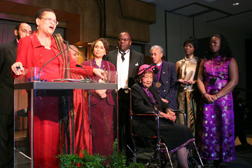 Honorees, including Earl Graves, Sr., the honorable Alexis Herman, and Dr. Dorothy I. Height, stand on stage as they are recognized at the African American Church Inaugural Ball on Sunday, Jan. 18, 2009, at the Gran Hyatt Regency Hotel in Washington, D.C. <br/>Photo: The Christian Post