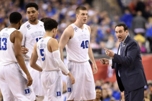 Duke Blue Devils head coach Mike Krzyzewski (right) talks with his team against the Michigan State Spartans in the first half of the 2015 NCAA Men's Division I Championship semi-final game at Lucas Oil Stadium. (Photo: Bob Donnan-USA TODAY Sports) <br/>