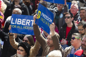 Thousands of opponents of Indiana Senate Bill 101, the Religious Freedom Restoration Act, gathered on the lawn of the Indiana State House to rally against that legislation Saturday, March 28, 2015. Republican Gov. Mike Pence signed a bill Thursday prohibiting state laws that 