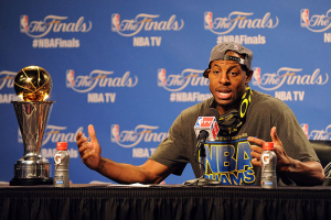 Golden State Warriors guard Andre Iguodala (9) talks to the media after winning the NBA Finals MVP after game six of the NBA Finals at Quicken Loans Arena. Photo: Ken Blaze-USA TODAY Sports <br/>
