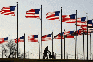 American flags seen at the Washington Monument. (Kevin Lamarque/courtesy Reuters) <br/>
