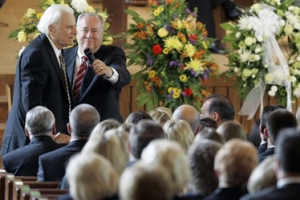 Billy Graham, left, speaks during a memorial service for his wife, Ruth Graham, in Montreat, N.C., Saturday, June 16, 2007. Ruth Graham died Thursday at age 87, following a lengthy illness that left her bedridden for months. <br/>Photo: AP/Chuck Burton