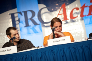 Aaron and Melissa Klein, former owners of Sweet Cakes by Melissa bakery in Oregon, speak at the Values Voter Summit in Washington, D.C. September 26, 2014. Photo: Family Research Council/Carrie Russell <br/>