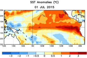 NOAA ocean measurements for July 1 show El Nino pattern off South America. <br/>NOAA