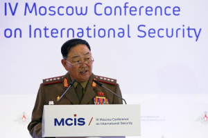 Former defense chief Hyon Yong Chol delivers a speech during the 4th Moscow Conference on International Security (MCIS) in Moscow April 16, 2015. <br/>Reuters/Sergei Karpukhin
