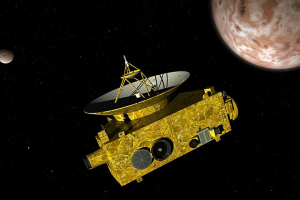 An artist’s impression of the New Horizons spacecraft alongside the dwarf planet Pluto and one of its moons, Charon. Photograph: Walter Myers/Corbis <br/>