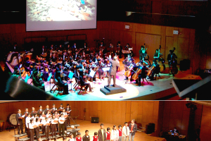 Top: With the orchestra performing in the background, the photos displayed on the overhead screen led the audiences into the disaster zone in Beichuan, allowing them to experience the dilapidated remains of the earthquake. Bottom: Prior to the closing of the music concert, seven Beichuan middle school students were invited to go on stage to receive the blessings from the audiences. <br/>(Photo: The Gospel Herald/ Sharon Chan) 