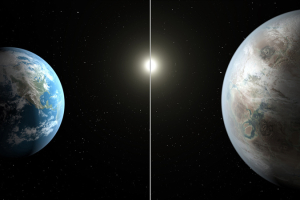 This artist's rendering made available by NASA on Thursday, July 23, 2015 shows a comparison between the Earth, left, and the planet Kepler-452b. <br/>