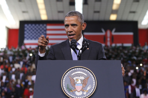 U.S. President Barack Obama delivers remarks at an indoor stadium in Nairobi July 26, 2015. Obama told Kenya on Saturday the United States was ready to work more closely in the battle against Somalia's Islamist group al Shabaab, but chided his host on gay rights and said no African state should discriminate over sexuality. REUTERS/Jonathan Ernst <br/>