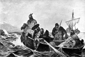 Norsemen landing in Iceland. Illustration by Oscar Wergeland (1909). <br/>