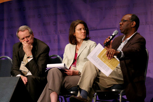 The Rev. Joel Edwards, international director of Micah Challenge, speaks at the plenary session titled ''Church Leader Roundtable - Uniting and Mobilizing the Church in the Fight Against Poverty'' in Washington, D.C. on Wednesday, April 29, 2009. To Hanson's left sits the Rev. Wesley Granberg-Michaelson, general-secretary of the Reformed Church in America (RCA), and Alexia Kelley, executive director and co-founder of Catholics in Alliance for the Common Good. <br/>(Photo: The Christian Post)
