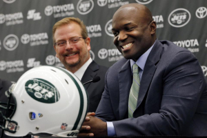 New York Jets head coach Todd Bowles, right, speaks during a press conference introducing the team's new management, Wednesday, Jan. 21, 2015, in Florham Park, N.J. Mike Maccagnan, the team's new general manager, listens at left. (AP Photo/Julio Cortez) <br/>