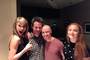 (From left) Taylor Swift with Director Simon Kinberg and X-Men: Apocalypse cast James McAvoy and Sophie Turner.  <br/>Twitter