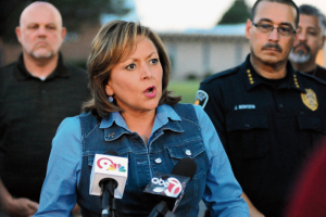 New Mexico Gov. Susana Martinez went to the town of Las Cruces on Sunday night after two explosions rocked two churches there. She vowed to catch the ''coward'' behind both bombings. Sun-News <br/>