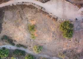 Archaeologists have discovered the remains of what they believe is a large gate at the entrance to the Biblical city of Gath. The aerial photograph above shows the remains of the gate and surrounding fortifications that have been unearthed<br />
 <br/>AP/ Griffin Aerial Imaging