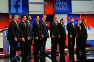 The GOP primary debate hosted by Fox News Channel featured Donald Trump and generated more than 24 million viewers. Chris Christie, Marco Rubio, Ben Carson, Scott Walker, Donald Trump, Jeb Bush, Mike Huckabee, Ted Cruz, Rand Paul and John Kasich pose at the start of the debate in Cleveland, Ohio, August 6, 2015. REUTERS/Brian Snyder <br/>