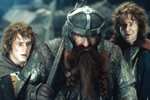 John Rhys-Davies (center) with Elijah Wood (left) and Billy Boyd in “The Lord of the Rings.” Photo: New Line Cinema <br/>