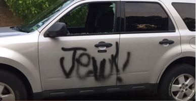 A car defaced with the word “Jew” in San Antonio, Texas. <br/>YouTube Screenshot