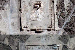 A United Nations Institute for Training and Research Operational Satellite Applications Program image shows satellite views of the ancient city of Palmyra in central Syria before (top) and after (below) the explosion on 30 August at Palmyra's ancient Temple of Bel. <br/>UNOSAT via EPA