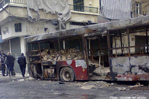 Bombed out bus in Aleppo, Syria <br/>Christian Aid Mission