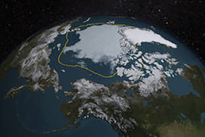 The 2015 Arctic sea ice summertime minimum is 699,000 square miles below the 1981-2010 average, shown here as a gold line. NASA/Goddard Scientific Visualization Studio <br/>