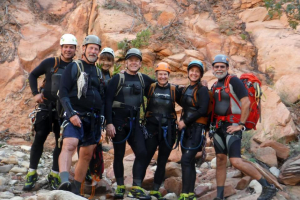 This photo released by National Park Service shows from left to right: Gary Favela, Don Teichner, Muku Reynolds, Steve Arthur, Linda Arthur, Robin Brum, and Mark MacKenzie. The hikers, six from California and one from Nevada, died when fast-moving floodwaters rushed through a narrow park canyon Monday, Sept. 14, 2015. (National Park Service via AP) <br/>
