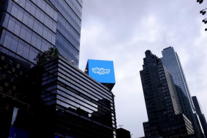 An advertisement for Skype is seen over 42nd Street in Manhattan, New York, July 14, 2015. Picture taken July 14, 2015. REUTERS/Rickey Rogers <br/>