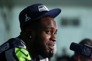 Jan 28, 2015; Phoenix, AZ, USA; Seattle Seahawks strong safety Kam Chancellor talks to reporters during the Seattle Seahawks press conference at Arizona Grand. Mandatory Credit: Peter Casey-USA TODAY Sports <br/>