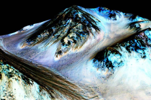 These dark, narrow, 100 meter-long streaks called recurring slope lineae flowing downhill on Mars are inferred to have been formed by contemporary flowing water. Recently, planetary scientists detected hydrated salts on these slopes at Hale crater, corroborating their original hypothesis that the streaks are indeed formed by liquid water. The blue color seen upslope of the dark streaks are thought not to be related to their formation, but instead are from the presence of the mineral pyroxene. The image is produced by draping an orthorectified (Infrared-Red-Blue/Green(IRB)) false color image (ESP_030570_1440) on a Digital Terrain Model (DTM) of the same site produced by High Resolution Imaging Science Experiment (University of Arizona). Vertical exaggeration is 1.5. <br/>NASA/JPL/University of Arizona