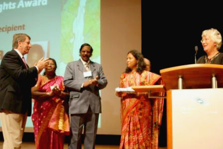 Leena Lavanya Kumari of Narasaraopet accepts the Baptist World Alliance's 2009 Denton and Janice Lotz Human Rights Award on Aug. 1, 2009 in Ede, Netherlands. <br/>