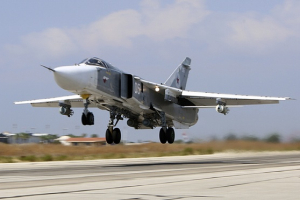 A Russian SU-24M jet fighter takes off from Hmeimim airbase in Syria on Saturday <br/>Reuters
