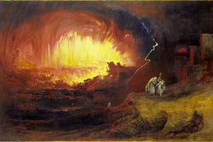 The destruction of Sodom and Gomorrah, an 1852 oil on canvas painting done by John Martin, as displayed at the Laing Art Gallery, Newcastle upon Tyne in England. <br/>Wiki media