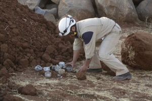 A civil defence member gathers unexploded cluster bomblets that activists say were fired by the Russian air force at Maasran town, in the southern countryside of Idlib, Syria October 7, 2015.  <br/>REUTERS/Khalil Ashawi
