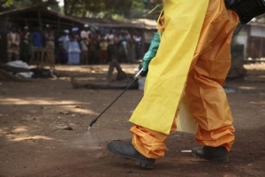A member of the French Red Cross disinfects the area around a motionless person suspected of carrying the Ebola virus as a crowd gathers in Forecariah January 30, 2015.  <br/>REUTERS/Misha Hussain
