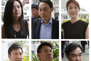 A combination photo shows City Harvest Church's members (top L-R to bottom L-R), former finance manager Serina Wee, former fund manager Chew Eng Han, former finance manager Sharon Tan, founder Kong Hee, deputy senior pastor Tan Ye Peng and former treasurer John Lam arriving at the State Courts in Singapore October 21, 2015, where a verdict is expected to be delivered for their trial of misappropriating S$50 million ($42.5 million) of church funds and falsifying the church's accounts. REUTERS/Edgar Su <br/>