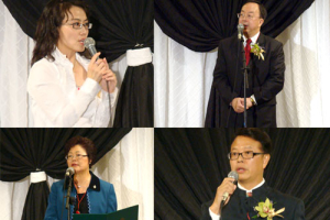 (Top) Left: May Soo shared her experiences in visiting the students receiving fundings. Right: CRRS Chairman Kenneth Tsang gave report of past accomplishments of CRRS. (Bottom) Left: Alice S. P. Wong, MP of Richmond gave her support. Right: CRRS CEO Benjami Li introduced new CRRS projects. <br/>(Gospel Herald) 