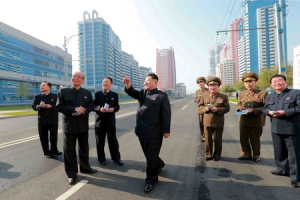 North Korean leader Kim Jong Un inspects the completed Mirae Scientists Street, in this undated photo released by North Korea's Korean Central News Agency (KCNA) in Pyongyang on October 21, 2015. <br/>REUTERS/KCNA