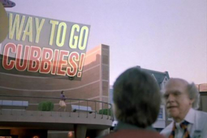 Marty McFly looks up at a holobillboard in 2015 advertising the Cubs' World Series win. <br/>