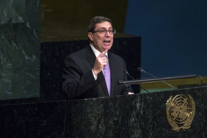 Cuban Foreign Minister Bruno Rodriguez speaks before a United Nations General Assembly vote addressing the economic, commercial and financial embargo imposed by the U.S. against Cuba at the United Nations headquarters in New York, October 27, 2015. <br/> REUTERS/Lucas Jackson