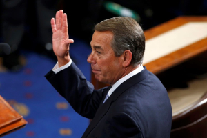 Outgoing House Speaker John Boehner (R-OH) waves after addressing colleagues during the election for the new Speaker of the U.S. House of Representatives in the House Chamber in Washington October 29, 2015.  <br/>REUTERS/Jonathan Ernst