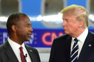 Republican presidential hopefuls Ben Carson and Donald Trump pictured during the second Republican debate. <br/>Getty Images