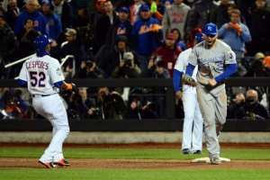 Kansas City Royals first baseman Eric Hosmer (35) celebrates after doubling off New York Mets outfielder Yoenis Cespedes (52) to end game four of the World Series at Citi Field. Jeff Curry-USA TODAY Sports <br/>