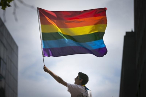 A man waves a rainbow flag while observing a gay pride parade in San Francisco, California June 28, 2015.  <br/>REUTERS/Elijah Nouvelage