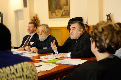 Tthe Standing Commission on Faith and Order meets in Greece, Oct. 7-13, 2009. Left to right: the Rev. Canon Dr John Gibaut, director; Metropolitan Dr Vasilios of Constantia-Ammochostos, moderator; Metropolitan Prof. Dr Gennadios of Sassima. <br/>(Photo: WCC)