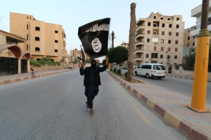 A member loyal to the Islamic State in Iraq and the Levant (ISIL) waves an ISIL flag in Raqqa June 29, 2014.  <br/>Reuters