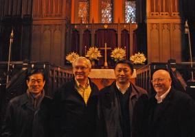 Representatives of the World Evangelical Alliance pose for a photo with the Rev. Leo Bean (second from right) during a visit to the Shanghai Community Church on Monday, November 16, 2009. Pictured are (from left to right): Dr. David Jang, WEA North American Council member; Dr. Leith Anderson, president of the National Association of Evangelicals; Bean; and Dr. Geoff Tunnicliffe, international director of the WEA. <br/>Christian Post 